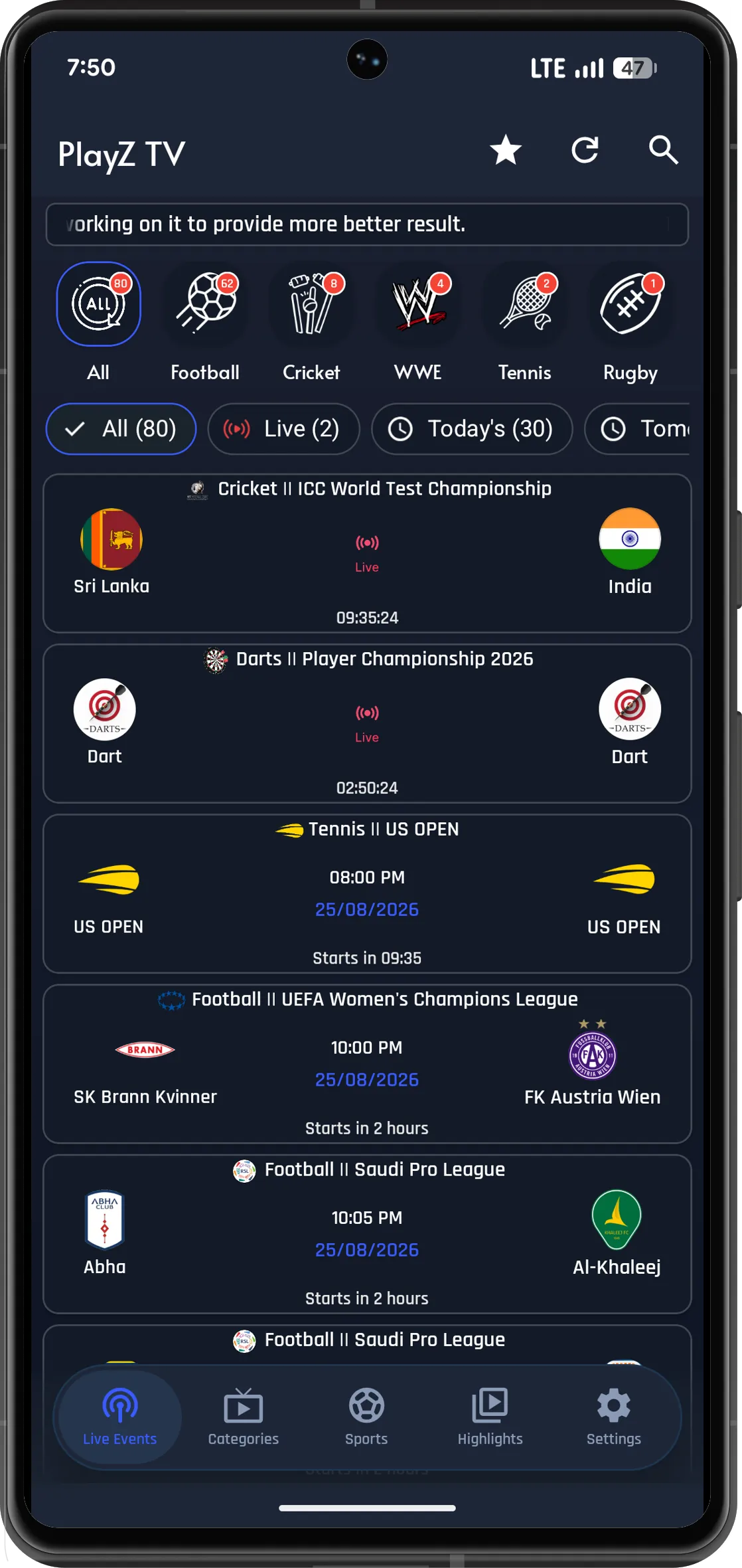 PlayZ TV live events list showing sport categories and countdown timers
