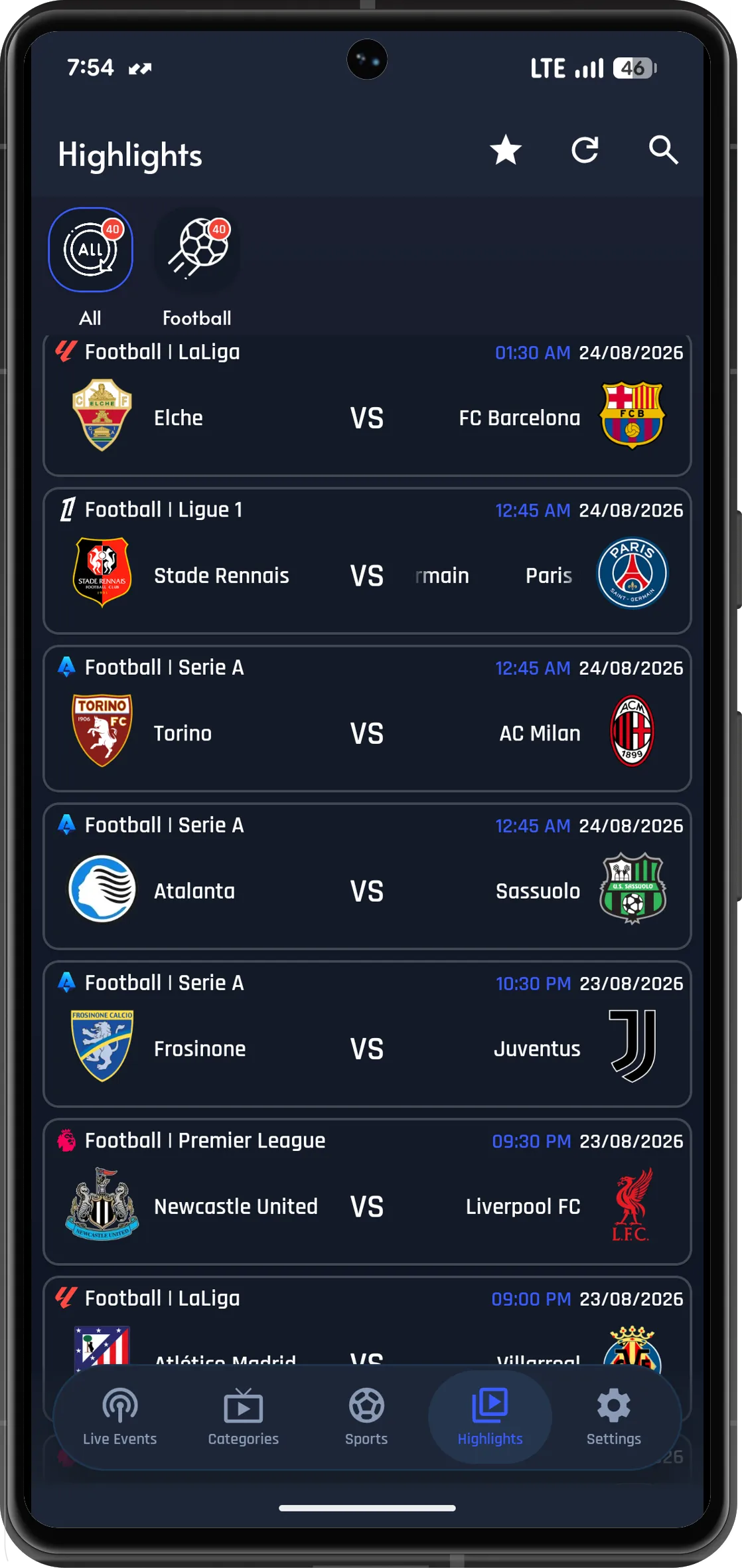 PlayZ TV highlights tab listing recent football matches grouped by league