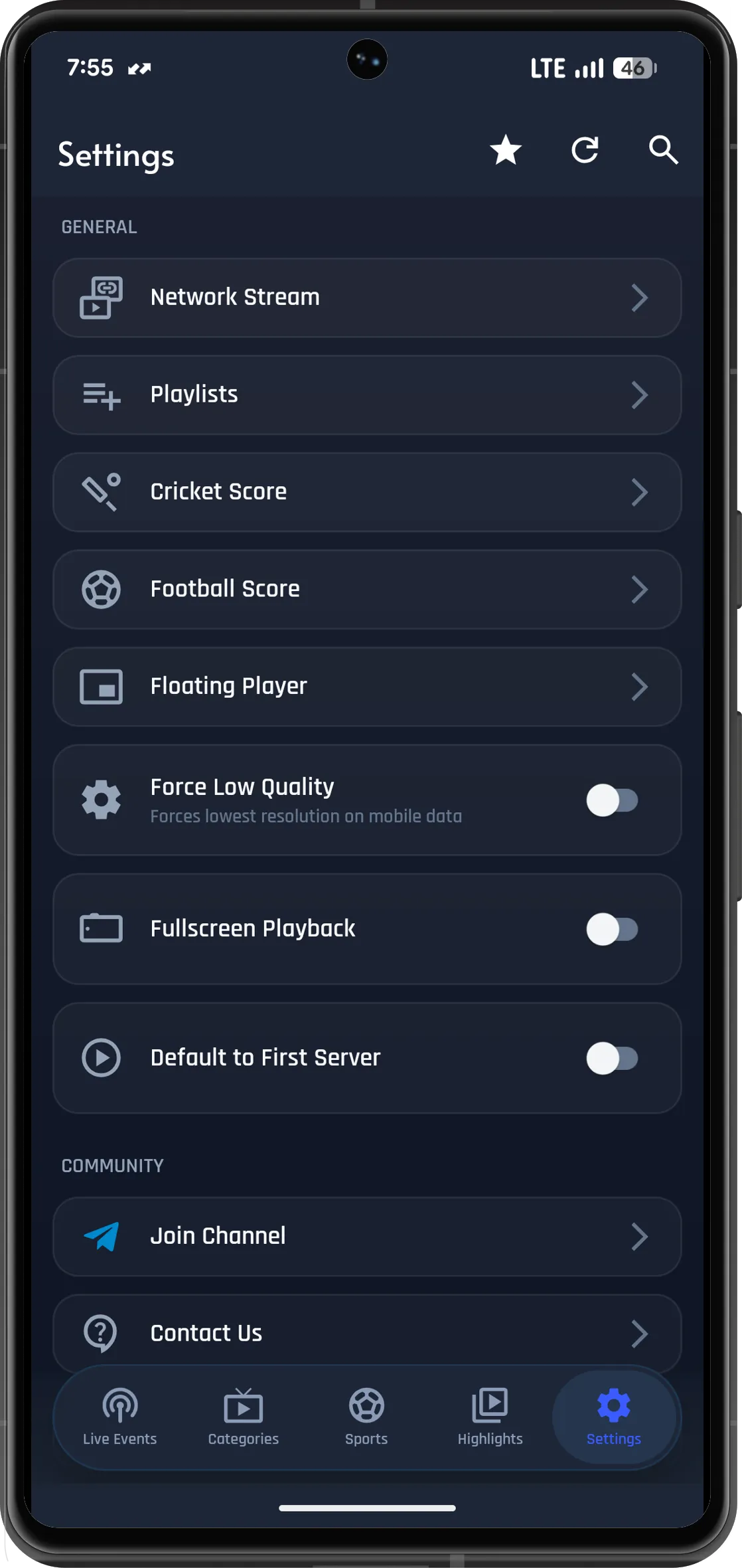 PlayZ TV settings view